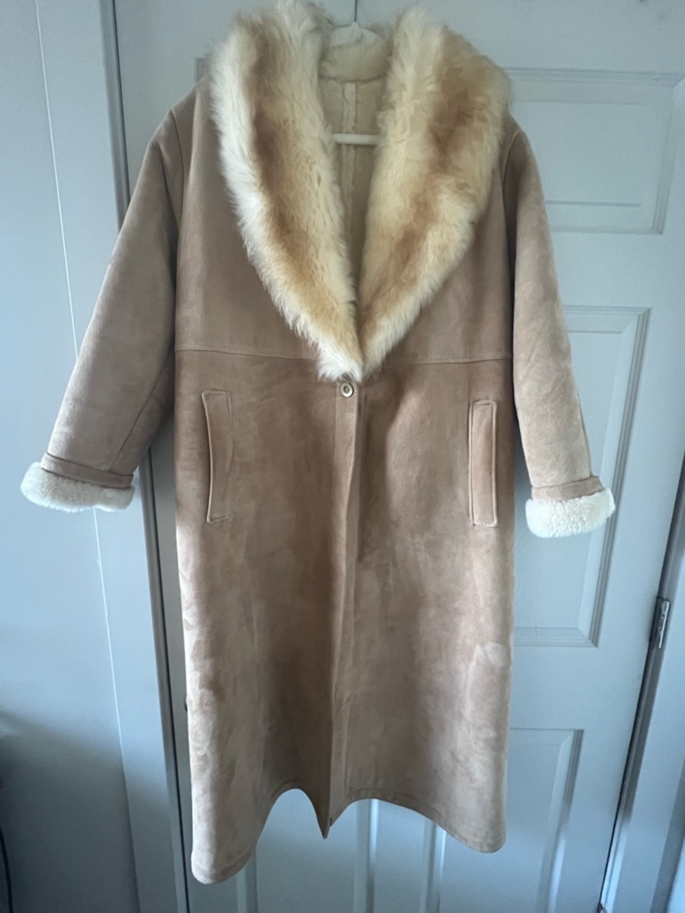 OVERLAND Women's Tan Teddy Shearling Long Coat with Fur Collar